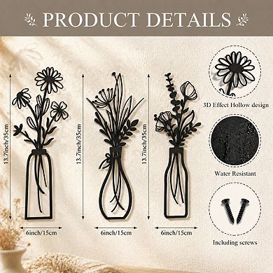 KAUFLY 3-Piece Metal Flower Decor - Rustic Farmhouse Boho for Living Bedroom