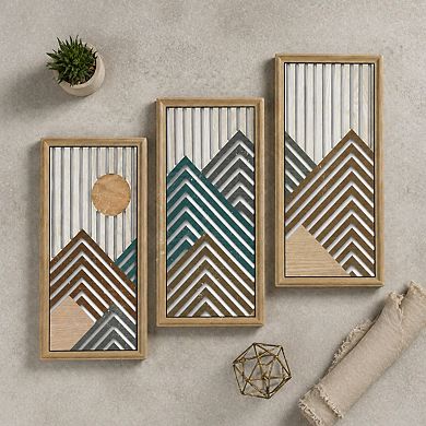 KAUFLY 3Pc Boho Abstract Wall Art - Wooden Geometric Mid-Century Decor