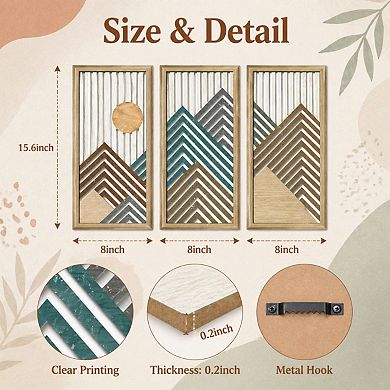 KAUFLY 3Pc Boho Abstract Wall Art - Wooden Geometric Mid-Century Decor