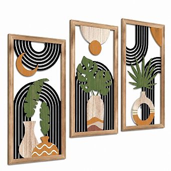 KAUFLY 3 pc Boho Abstract Wall Art - Wooden Geometric Mid-Century Decor
