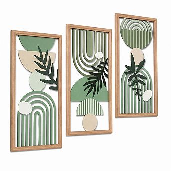 KAUFLY 3 pc Boho Abstract Wall Art - Wooden Geometric Mid-Century Decor