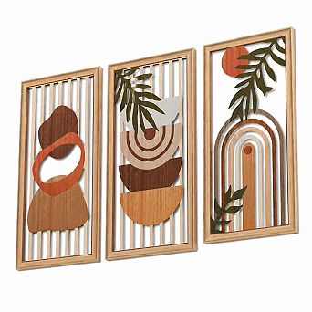 KAUFLY 3 pc Boho Abstract Wall Art - Wooden Geometric Mid-Century Decor
