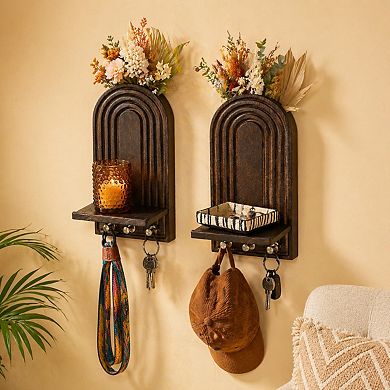 KAUFLY 3-in-1 Wooden Wall Organizer Planter Candle Sconces Hooks Boho Farmhouse Decor