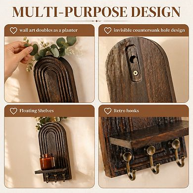 KAUFLY 3-in-1 Wooden Wall Organizer Planter Candle Sconces Hooks Boho Farmhouse Decor