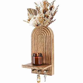 KAUFLY 3-in-1 Wooden Wall Organizer Planter Candle Sconces Hooks Boho Farmhouse Decor