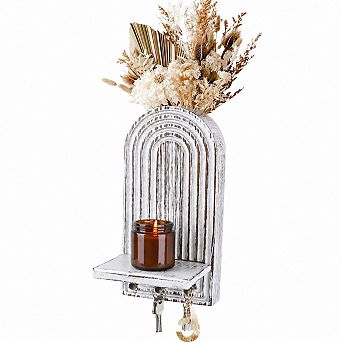 KAUFLY 3-in-1 Wooden Wall Organizer Planter Candle Sconces Hooks Boho Farmhouse Decor