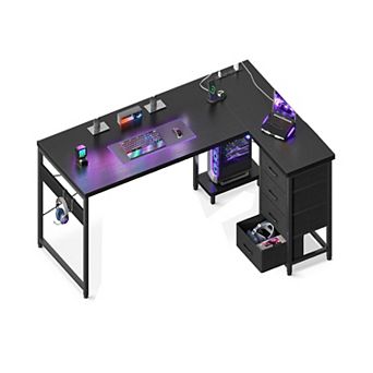 L-Shaped Desk with 4 Drawers, 61" Reversible, USB Power Outlets, Host Stand, Easy Assembly
