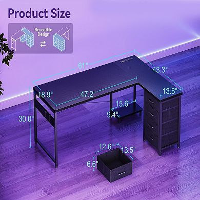 L-Shaped Desk with 4 Drawers, 61" Reversible, USB Power Outlets, Host Stand, Easy Assembly