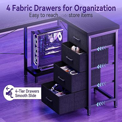 L-Shaped Desk with 4 Drawers, 61" Reversible, USB Power Outlets, Host Stand, Easy Assembly