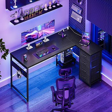 L-Shaped Desk with 4 Drawers, 61" Reversible, USB Power Outlets, Host Stand, Easy Assembly