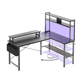 L-Shaped Gaming Desk with LED Lights, Power Outlets, USB Ports, Monitor Stand, Storage, Home Office