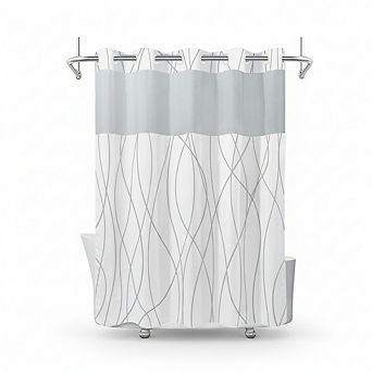 Grey White Striped Shower Curtain with Mesh Window & Snap Liner: No Hooks, Machine Washable, 71x74"