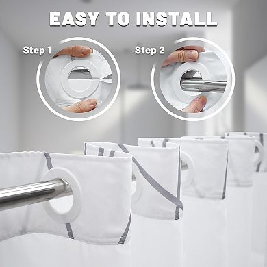 Grey White Striped Shower Curtain with Mesh Window & Snap Liner: No Hooks, Machine Washable, 71x74"