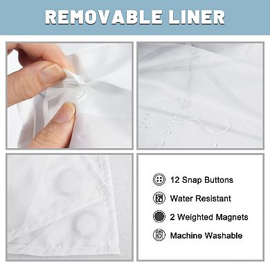 Grey White Striped Shower Curtain with Mesh Window & Snap Liner: No Hooks, Machine Washable, 71x74"