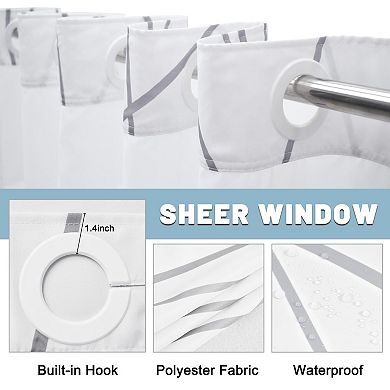 Grey White Striped Shower Curtain with Mesh Window & Snap Liner: No Hooks, Machine Washable, 71x74"