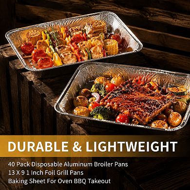 40 Pack Disposable Aluminum Foil Grill Pans Thick Baking Sheets For Oven BBQ Takeout