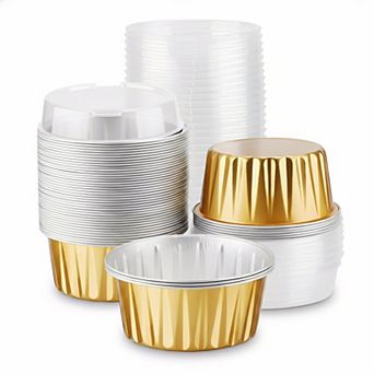 50 pc Disposable Mini Aluminium Foil Baking Cups w/Lids Oven Safe for Creme Brulee Cheesecake Party