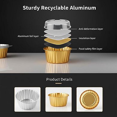 50pcs Disposable Mini Aluminium Foil Baking Cups w/Lids Oven Safe for Creme Brulee Cheesecake Party