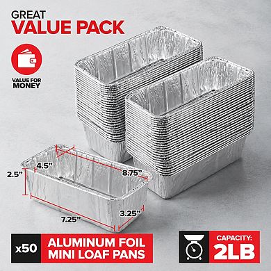 50 Pack 2 Lb Disposable Aluminum Foil Mini Loaf Pans For Baking Serving Storing