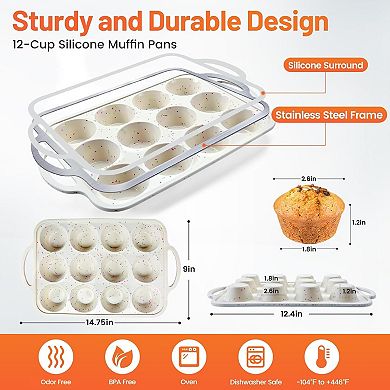 2pack Silicone Muffin Pan 12 Cup Metal Reinforced Frame BPA Free Oven Dishwasher Safe Non Stick