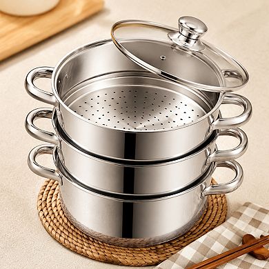 11 Inch 3 Tier 18/8 Stainless Steel Steamer Pot With Glass Lid Multipurpose Cookware