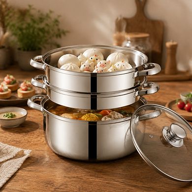 11 Inch 3 Tier 18/8 Stainless Steel Steamer Pot With Glass Lid Multipurpose Cookware
