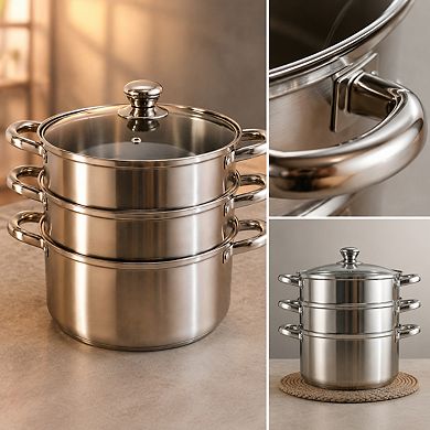 11 Inch 3 Tier 18/8 Stainless Steel Steamer Pot With Glass Lid Multipurpose Cookware