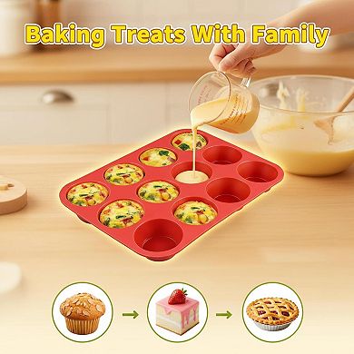 12 Cups Silicone Muffin Pan Nonstick Cupcake Baking Mold Oven Microwave Safe Multi Use