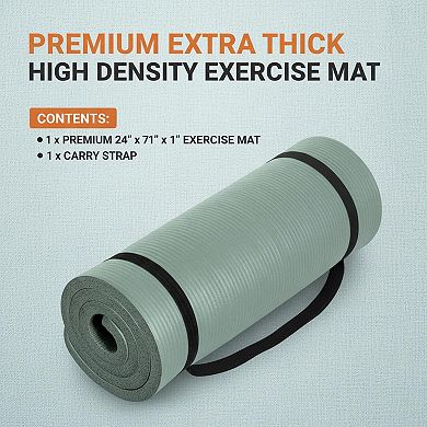 1-inch High Density Exercise Yoga Mat with Strap Non-Slip Thick Comfort Travel