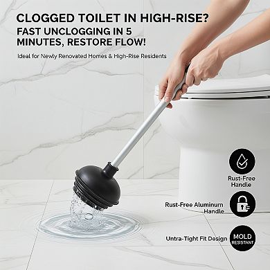 1-Pack Heavy Duty Toilet Plunger, All-Angle Aluminum Handle, Black