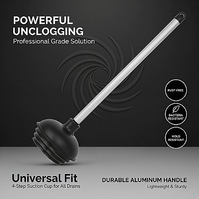 1-Pack Heavy Duty Toilet Plunger, All-Angle Aluminum Handle, Black