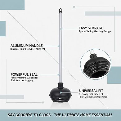 1-Pack Heavy Duty Toilet Plunger, All-Angle Aluminum Handle, Black