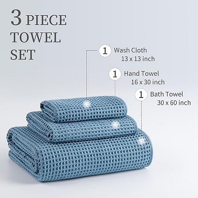 Microfiber Waffle Bath Towels, 3 Pieces, Oversized, Soft, Absorbent, Fast Drying, Lint Free