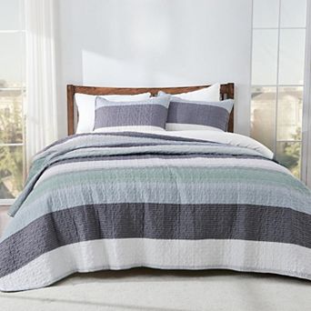 Queen Quilt Bedding Set , 3 pc Patchwork Mint Green Striped Ultra Soft Lightweight Bedspreads