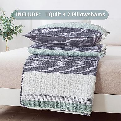 Queen Quilt Bedding Set , 3 Pieces Patchwork Mint Green Striped Ultra Soft Lightweight Bedspreads
