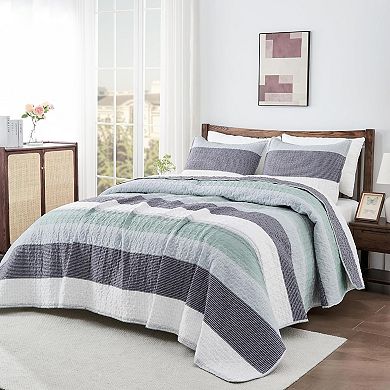 Queen Quilt Bedding Set , 3 Pieces Patchwork Mint Green Striped Ultra Soft Lightweight Bedspreads