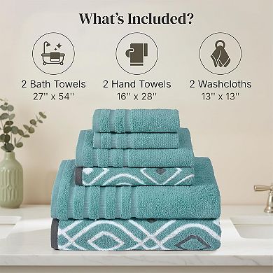 6-Piece Cotton Towel Set Yarn Dyed Jacquard Includes 2 Bath Towels, 2 Hand Towels, 2 Washcloths