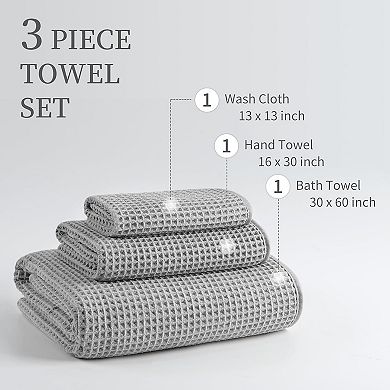 Microfiber Waffle Bath Towels, 3 Pieces, Oversized, Soft, Absorbent, Fast Drying, Lint Free