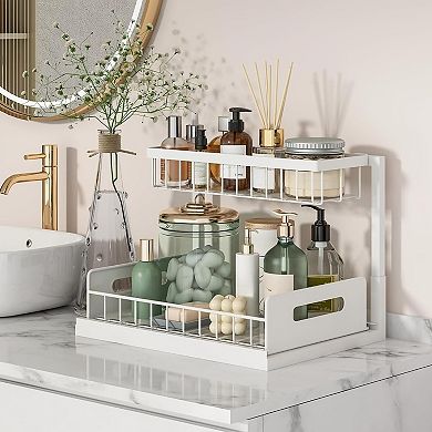 1 Pack Under Sink Organizer, Pull Out Cabinet Organizer 2 Tier Slide Out Sink Shelf Cabinet Storage