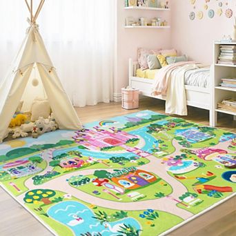 Castle Play Mat Rug 60x84 in Ultra-Soft Short Pile Non-Slip Washable Playroom Bedroom Classroom
