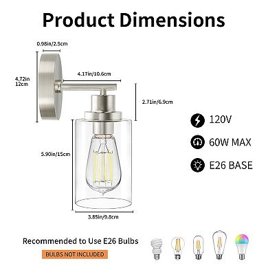 Brushed Nickel Wall Sconce Modern Indoor Light Fixture E26 Base Clear Glass Shade Bedroom Hallway