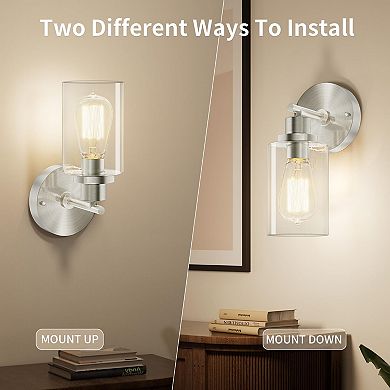 Brushed Nickel Wall Sconce Modern Indoor Light Fixture E26 Base Clear Glass Shade Bedroom Hallway