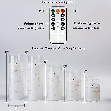 Candles with Embedded Star String Fairy Lights LED Remote Control Timer Set of 5 (4"5"6"8"8")