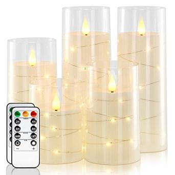 Candles with Embedded Star String Fairy Lights LED Remote Control Timer Set of 5 (4"5"6"8"8")
