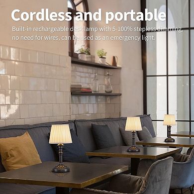 Cordless LED Table Lamp Set of 2, 4000mAh Rechargeable, 2700K Stepless Dimmable, Fabric Shade