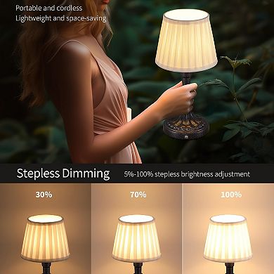 Cordless LED Table Lamp Set of 2, 4000mAh Rechargeable, 2700K Stepless Dimmable, Fabric Shade