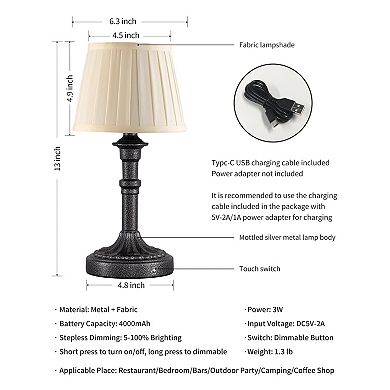 Cordless LED Table Lamp Set of 2, 4000mAh Rechargeable, 2700K Stepless Dimmable, Fabric Shade