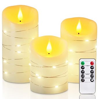 Candles With String Lights 3 Pack Embedded Fairy LED Electric Flickering Remote Control Timer