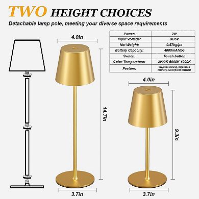 Cordless Rechargeable Table Lamp 2 Pack 5000mAh USB-C 3 Color Stepless Dimming Waterproof LED Touch