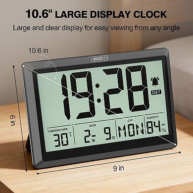 10.6 Inch Digital Wall Clock Battery Operated Large Display Calendar Indoor Temperature Humidity